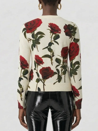 Red Rose Print Wool Cardigan - Sweaters & Knitwear
