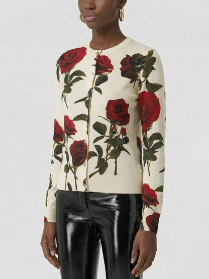 Red Rose Print Wool Cardigan - Sweaters & Knitwear
