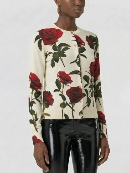 Red Rose Print Wool Cardigan - Sweaters & Knitwear