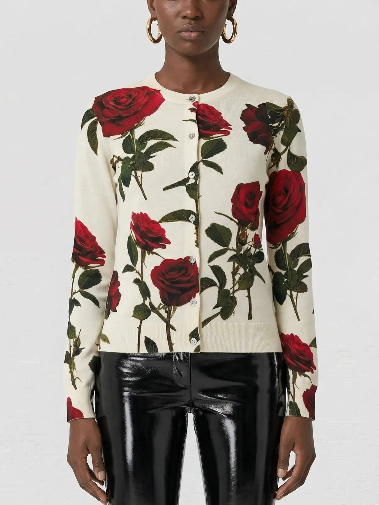 Red Rose Print Wool Cardigan - Small - Sweaters & Knitwear