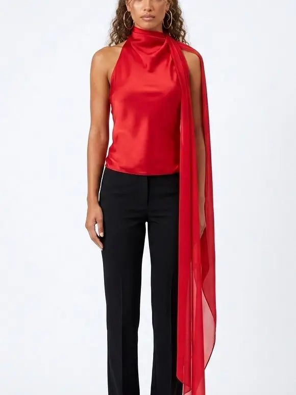 Red Satin Draped Scarf-Neck Halter Blouse - Tops