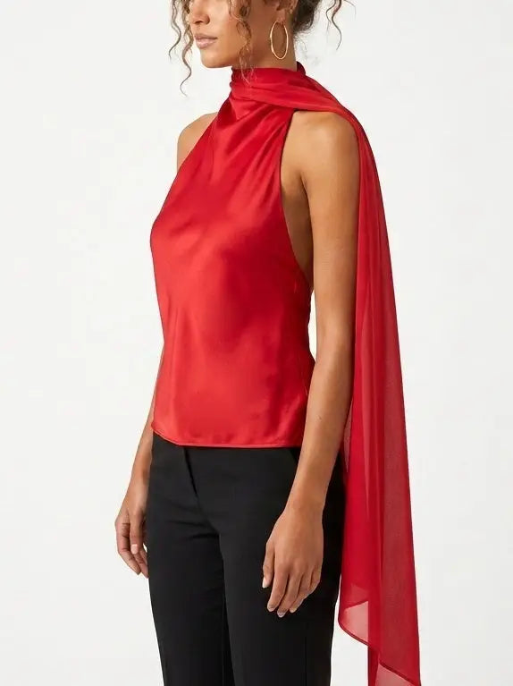 Red Satin Draped Scarf-Neck Halter Blouse - Tops