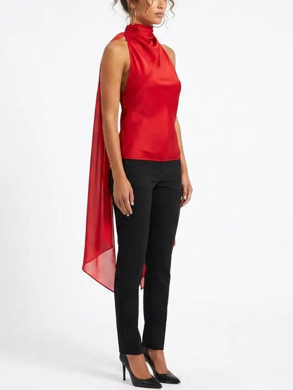 Red Satin Draped Scarf-Neck Halter Blouse - Tops