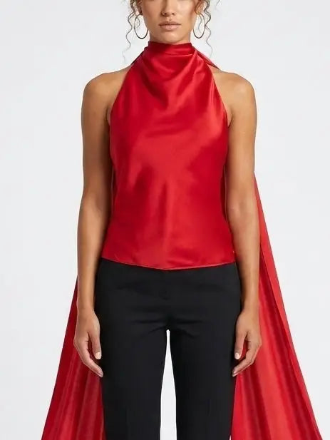 Red Satin Draped Scarf-Neck Halter Blouse - Tops