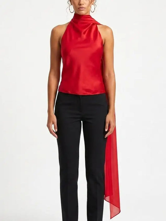 Red Satin Draped Scarf-Neck Halter Blouse - Tops