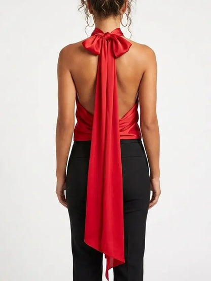 Red Satin Draped Scarf-Neck Halter Blouse - Tops