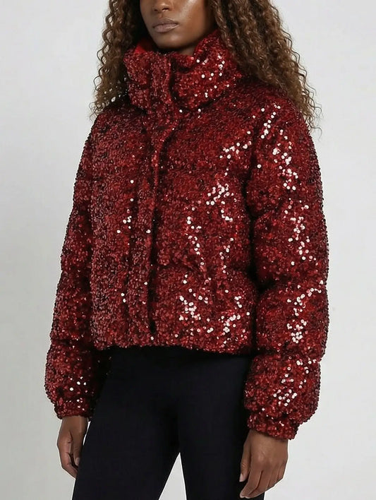 Red Sequin Cropped Puffer Jacket with High Collar - Jackets