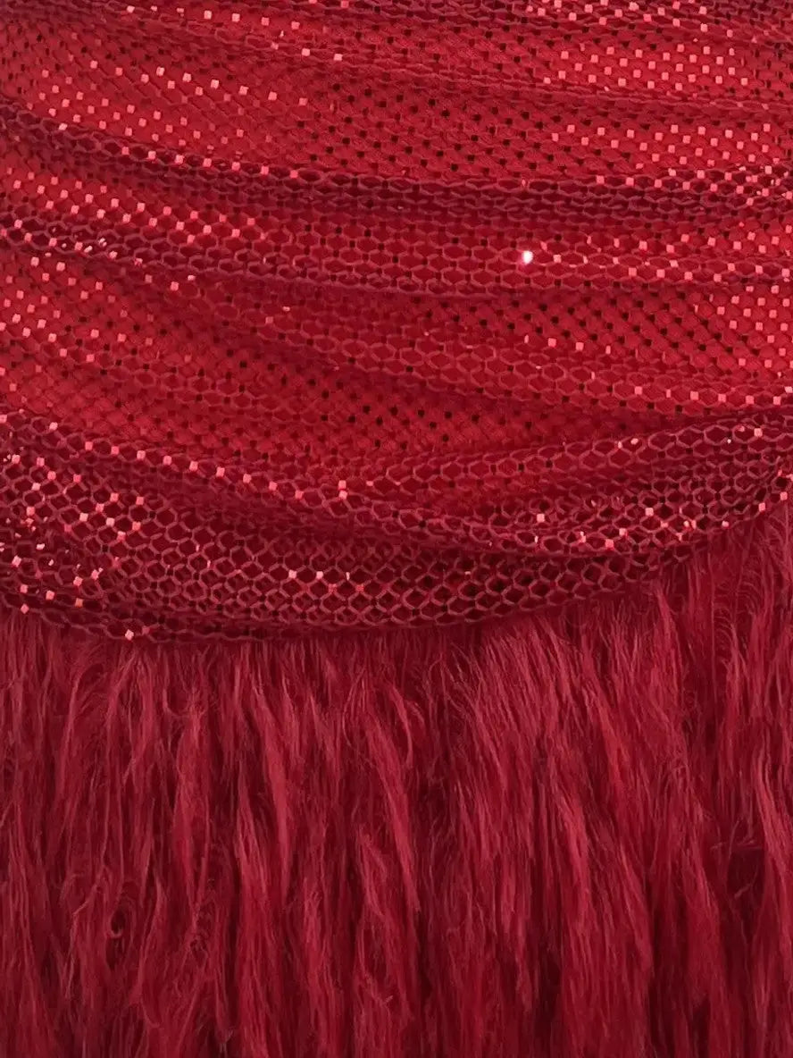 Red Sequin Draped Mini Dress with Feather Hem - Dresses