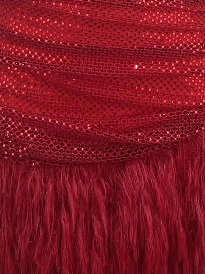 Red Sequin Draped Mini Dress with Feather Hem - Dresses