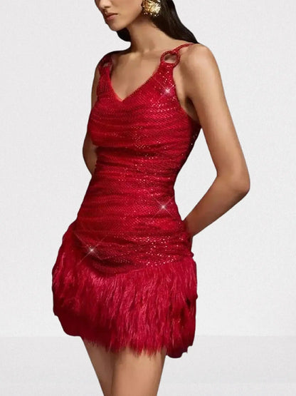 Red Sequin Draped Mini Dress with Feather Hem - Dresses
