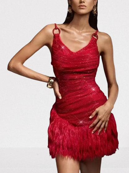Red Sequin Draped Mini Dress with Feather Hem - Dresses