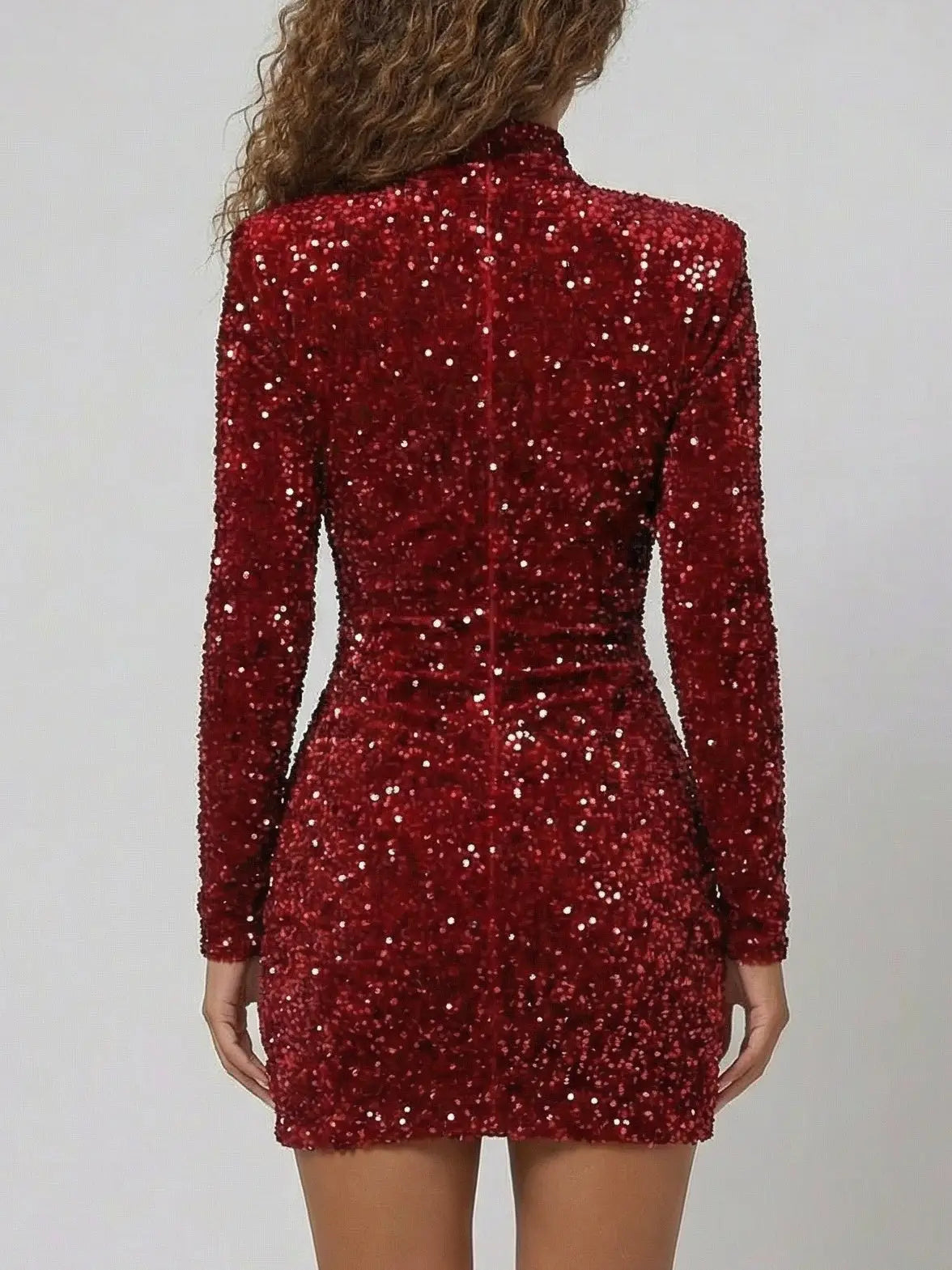 Red Sequin Ruched High-Neck Mini Dress - Dresses
