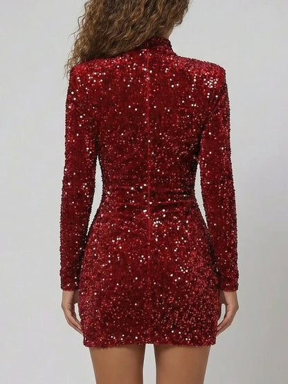 Red Sequin Ruched High-Neck Mini Dress - Dresses