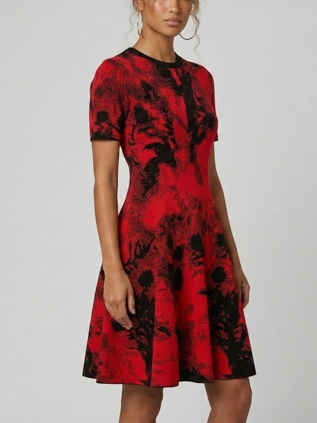 Red and Black Knit Fit and Flare Dress
