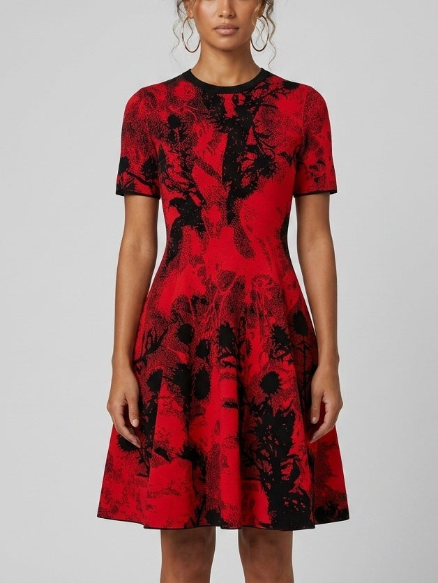 Red and Black Knit Fit and Flare Dress