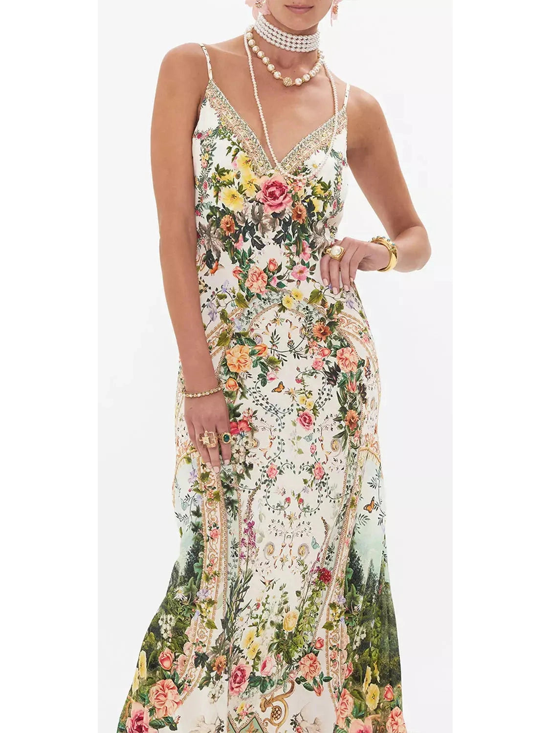 Renaissance Romance V Neck Full Length Bias Slip Dress - Branna Couture