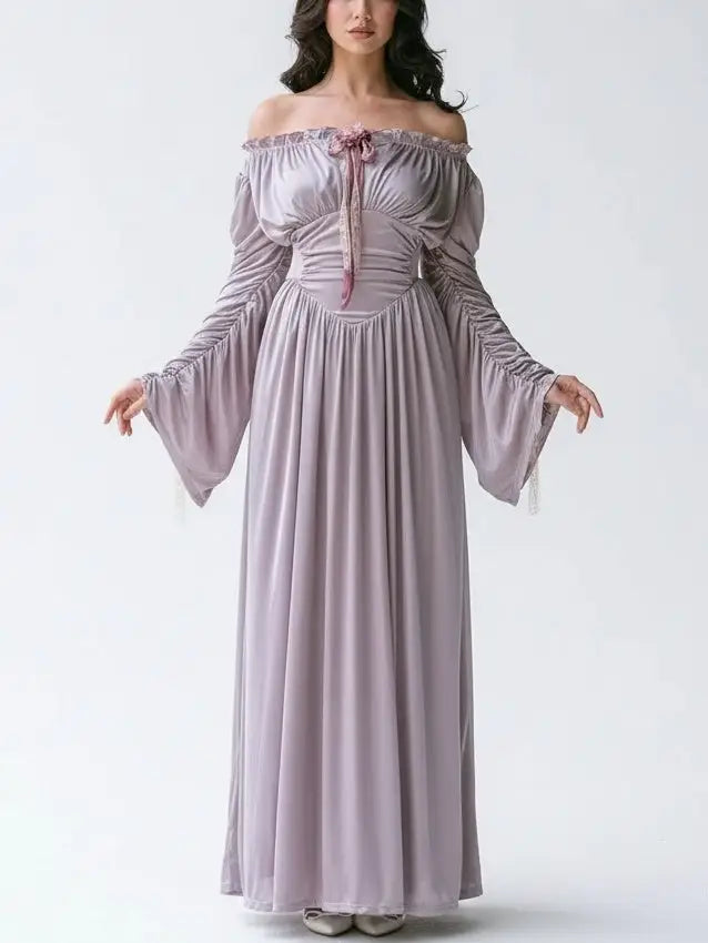 Renaissance Off-Shoulder Lavender Satin Maxi Dress - XS - Dresses