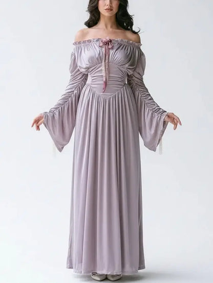 Renaissance Off-Shoulder Lavender Satin Maxi Dress - XS - Dresses