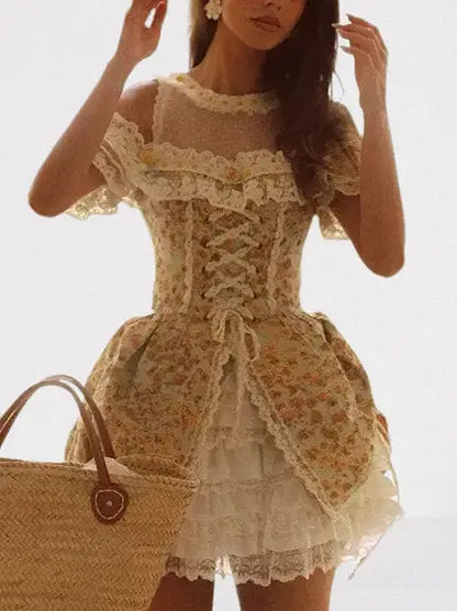 Renaissance Floral Lace Corset Mini Dress - Dresses