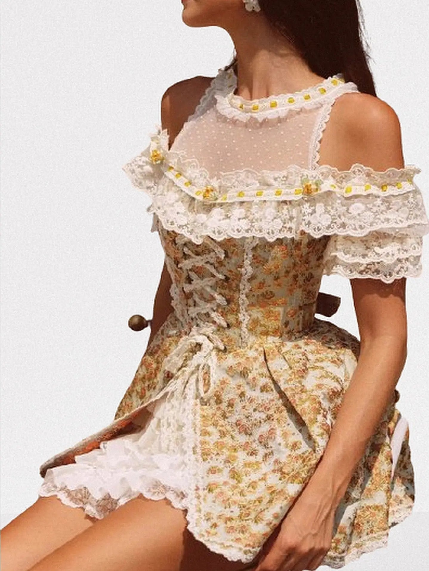Renaissance Floral Lace Corset Mini Dress - Dresses