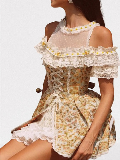 Renaissance Floral Lace Corset Mini Dress - Dresses