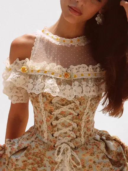 Renaissance Floral Lace Corset Mini Dress - Dresses