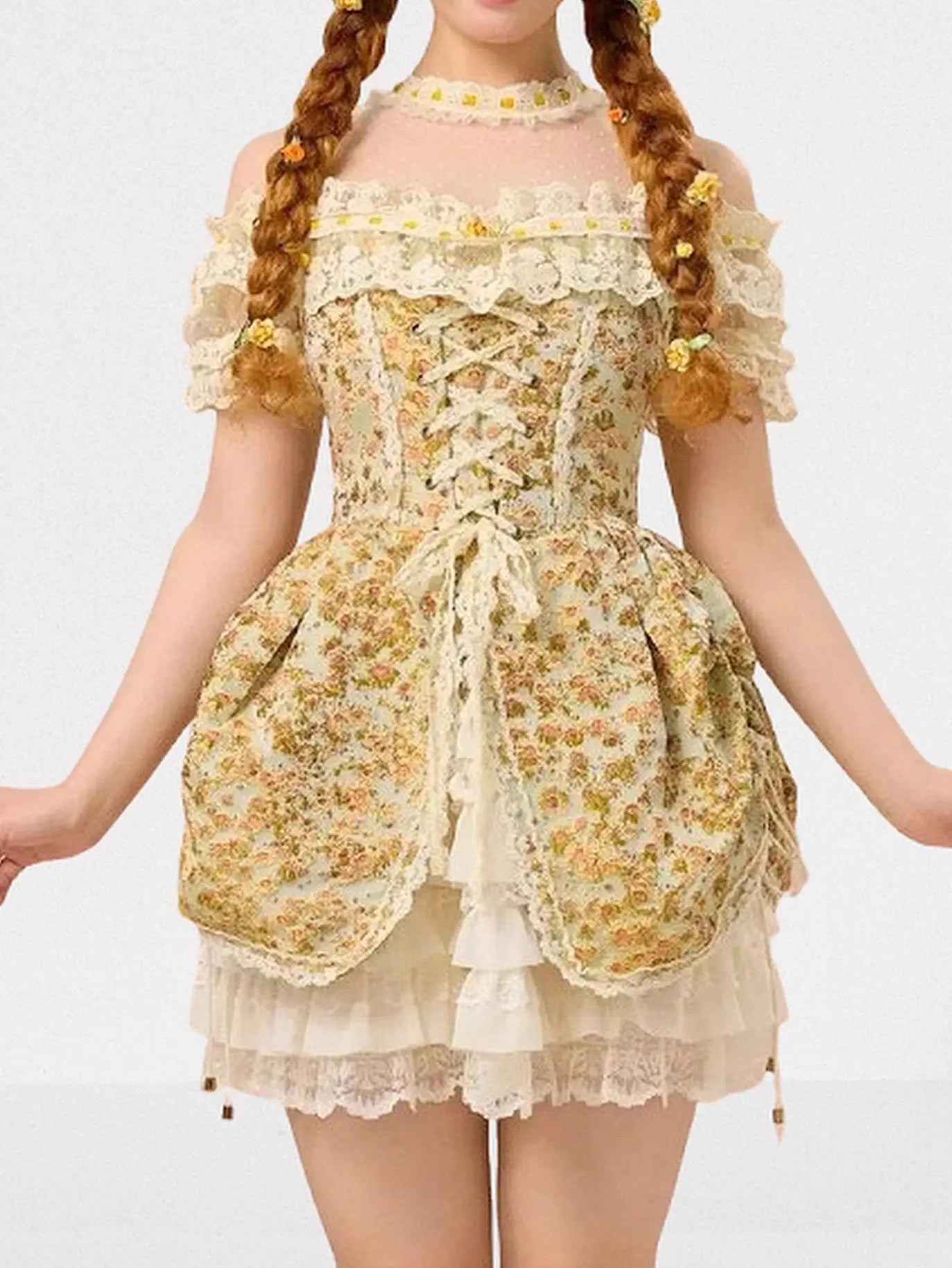 Renaissance Floral Lace Corset Mini Dress - Dresses
