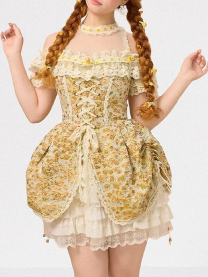 Renaissance Floral Lace Corset Mini Dress - Dresses