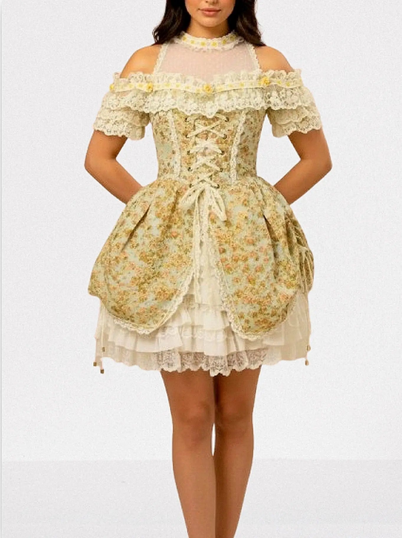 Renaissance Floral Lace Corset Mini Dress - Dresses