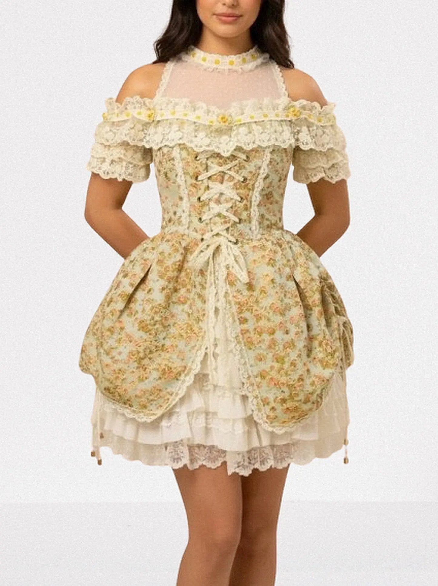 Renaissance Floral Lace Corset Mini Dress - Dresses