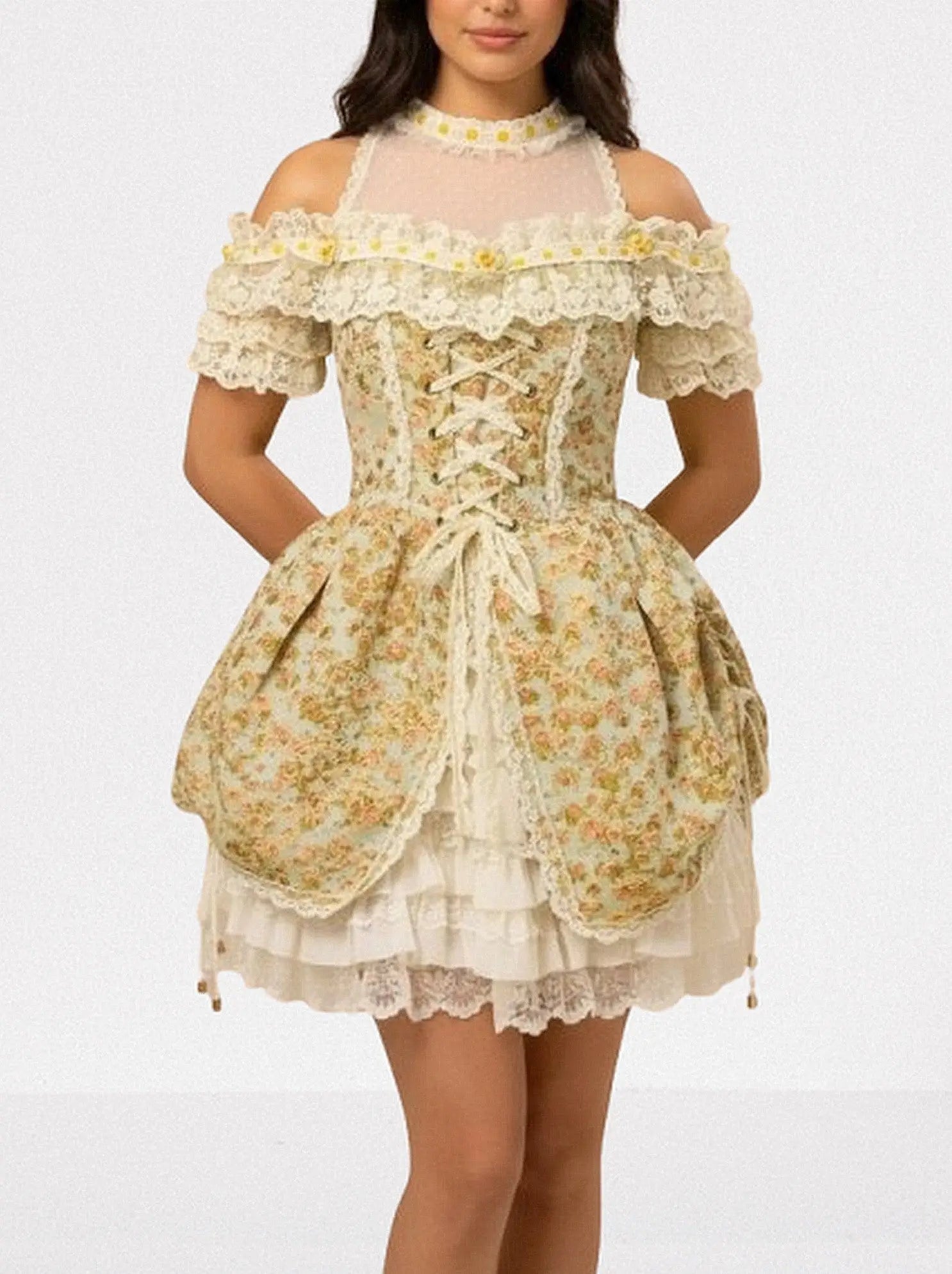 Renaissance Floral Lace Corset Mini Dress - Dresses