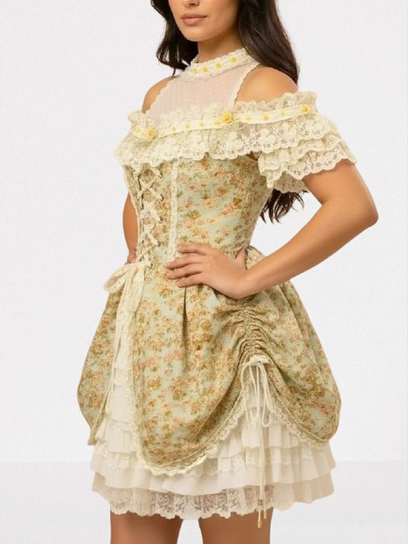 Renaissance Floral Lace Corset Mini Dress - Dresses