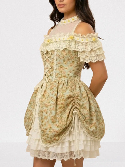 Renaissance Floral Lace Corset Mini Dress - Dresses