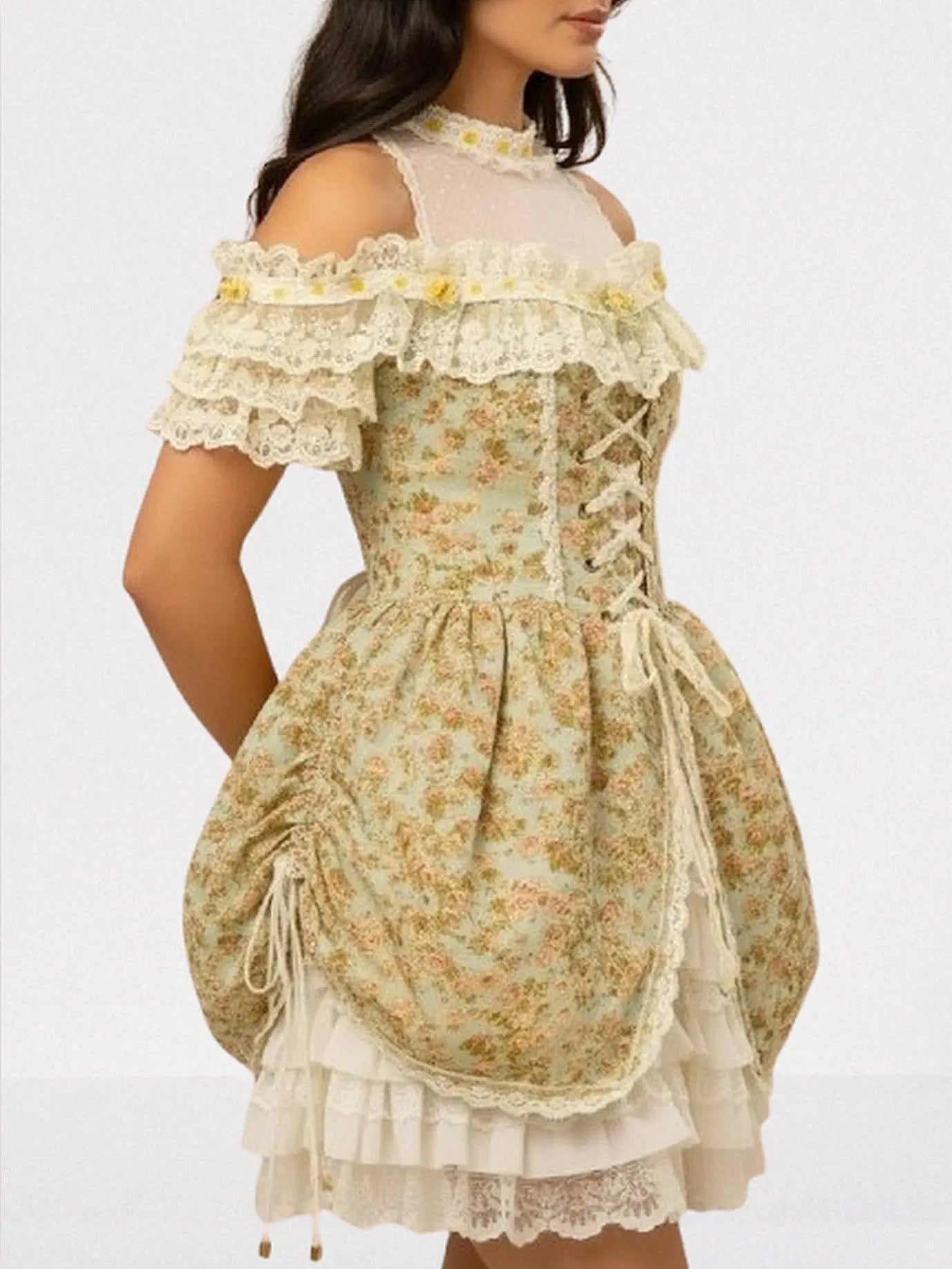 Renaissance Floral Lace Corset Mini Dress - Dresses