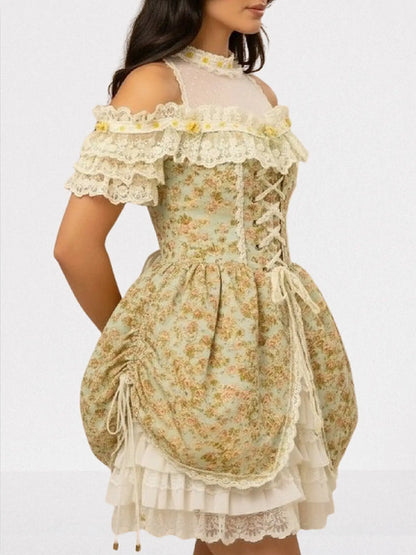 Renaissance Floral Lace Corset Mini Dress - Dresses