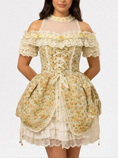 Renaissance Floral Lace Corset Mini Dress - Dresses