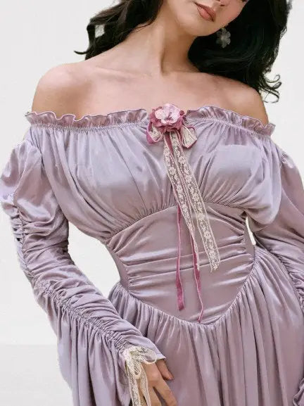Renaissance Off-Shoulder Lavender Satin Maxi Dress - Dresses