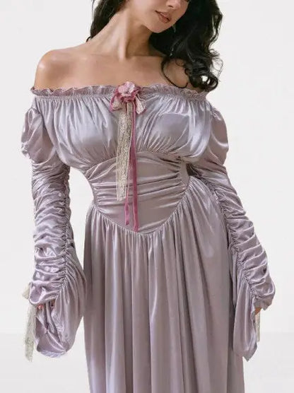 Renaissance Off-Shoulder Lavender Satin Maxi Dress - Dresses