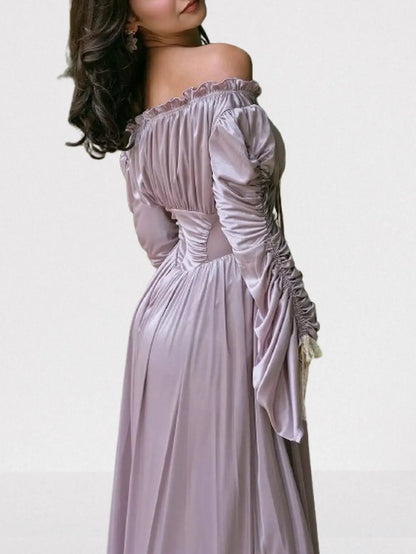 Renaissance Off-Shoulder Lavender Satin Maxi Dress - Dresses