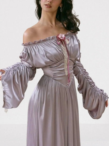 Renaissance Off-Shoulder Lavender Satin Maxi Dress - Dresses