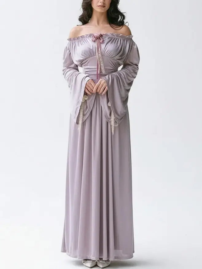Renaissance Off-Shoulder Lavender Satin Maxi Dress - Dresses