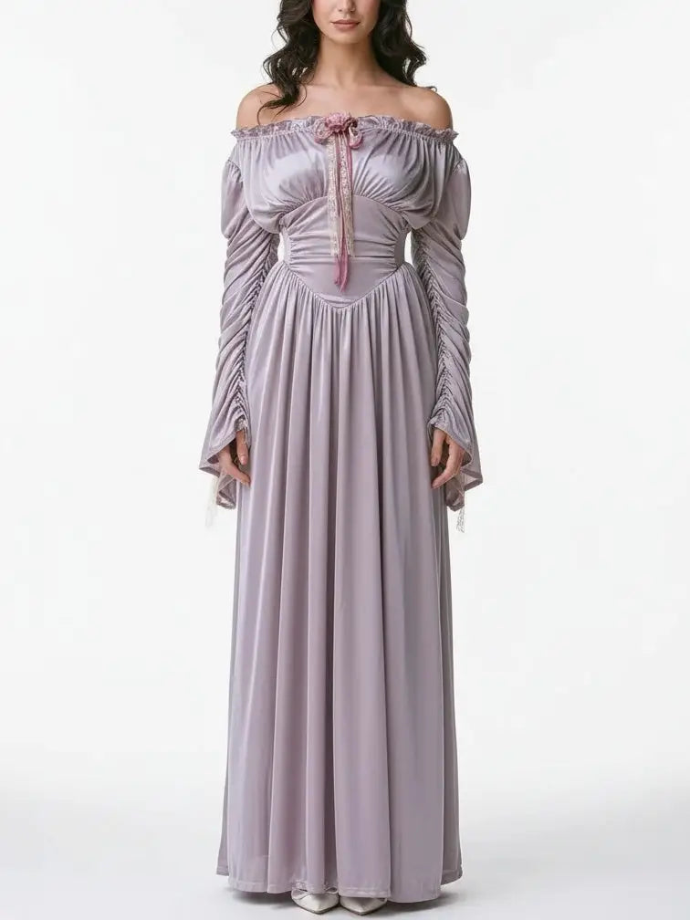 Renaissance Off-Shoulder Lavender Satin Maxi Dress - Dresses