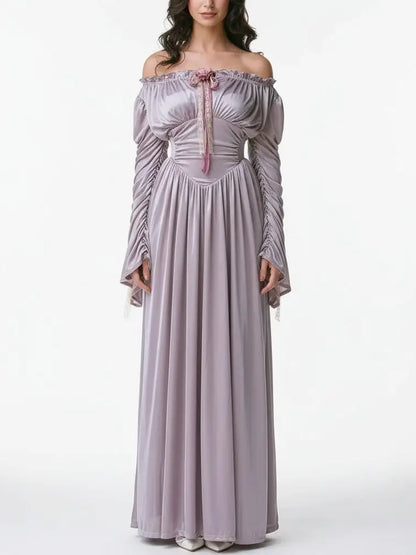 Renaissance Off-Shoulder Lavender Satin Maxi Dress - Dresses
