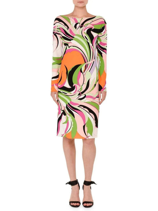 Retro Printed Long-Sleeve Boat-Neck Dress - Branna Couture