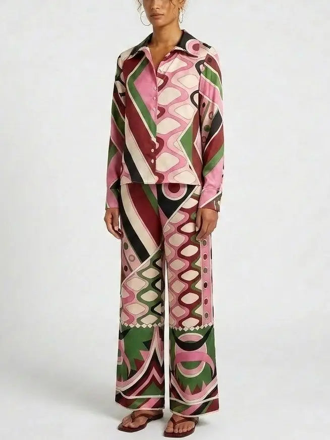 Retro Geometric Print Blouse and Wide-Leg Pant Set - Suits & Sets