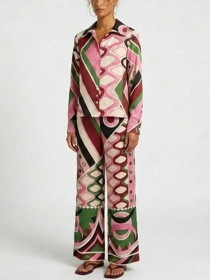 Retro Geometric Print Blouse and Wide-Leg Pant Set - Suits & Sets