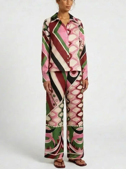 Retro Geometric Print Blouse and Wide-Leg Pant Set - Suits & Sets