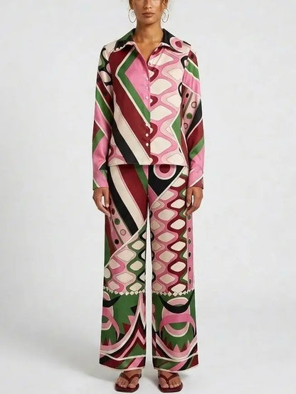 Retro Geometric Print Blouse and Wide-Leg Pant Set - Suits & Sets
