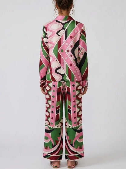 Retro Geometric Print Blouse and Wide-Leg Pant Set - Suits & Sets
