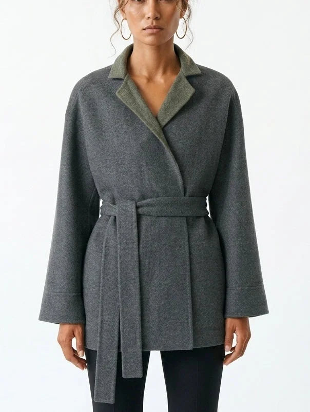 Reversible Wool Cashmere Belted Jacket - Small / Grey - Jackets